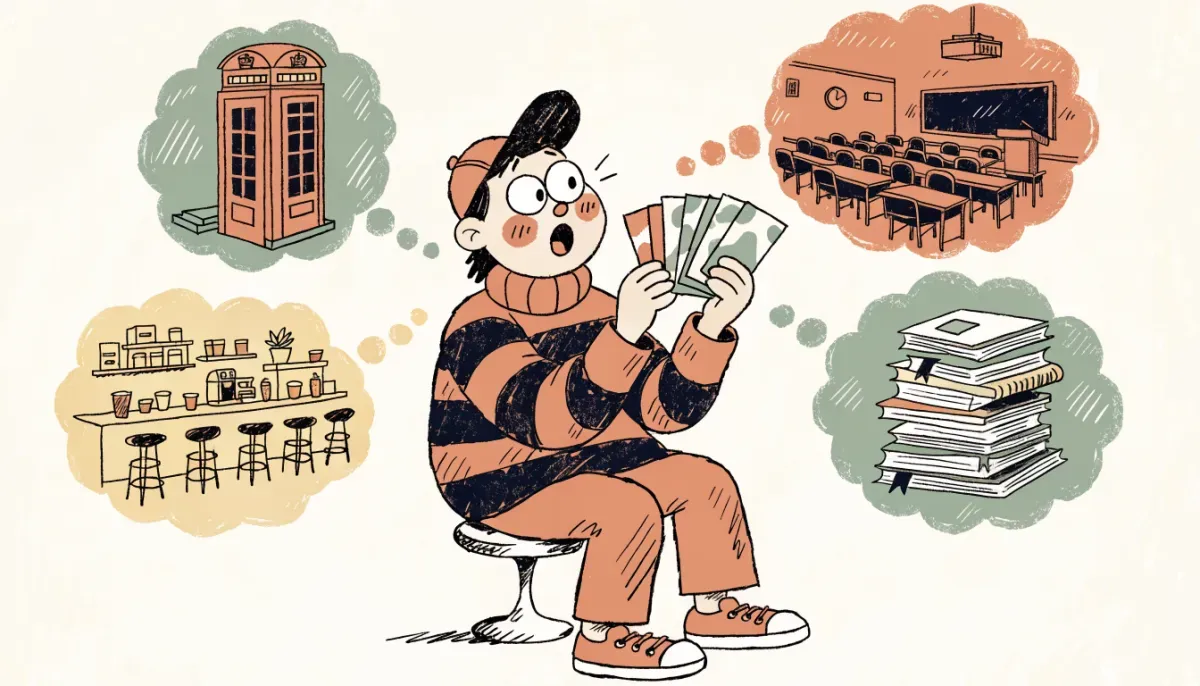 Illustration av en student som övar engelska ord med flashcards och tänker på olika engelskspråkiga miljöer