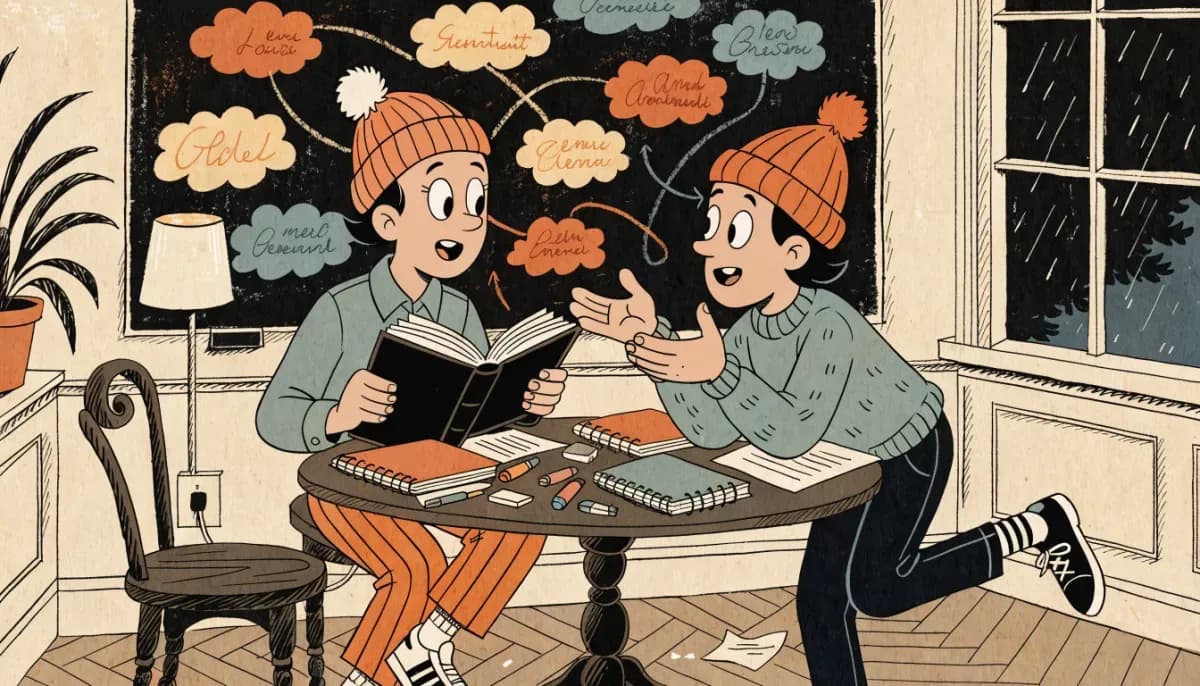 Illustration av två studenter som övar engelska tillsammans med en tavla full av ordmoln bakom sig