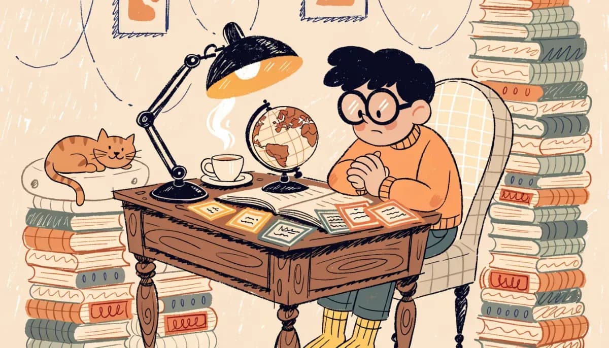 Illustration av en student som pluggar engelska ord vid ett skrivbord fullt av böcker och flashcards