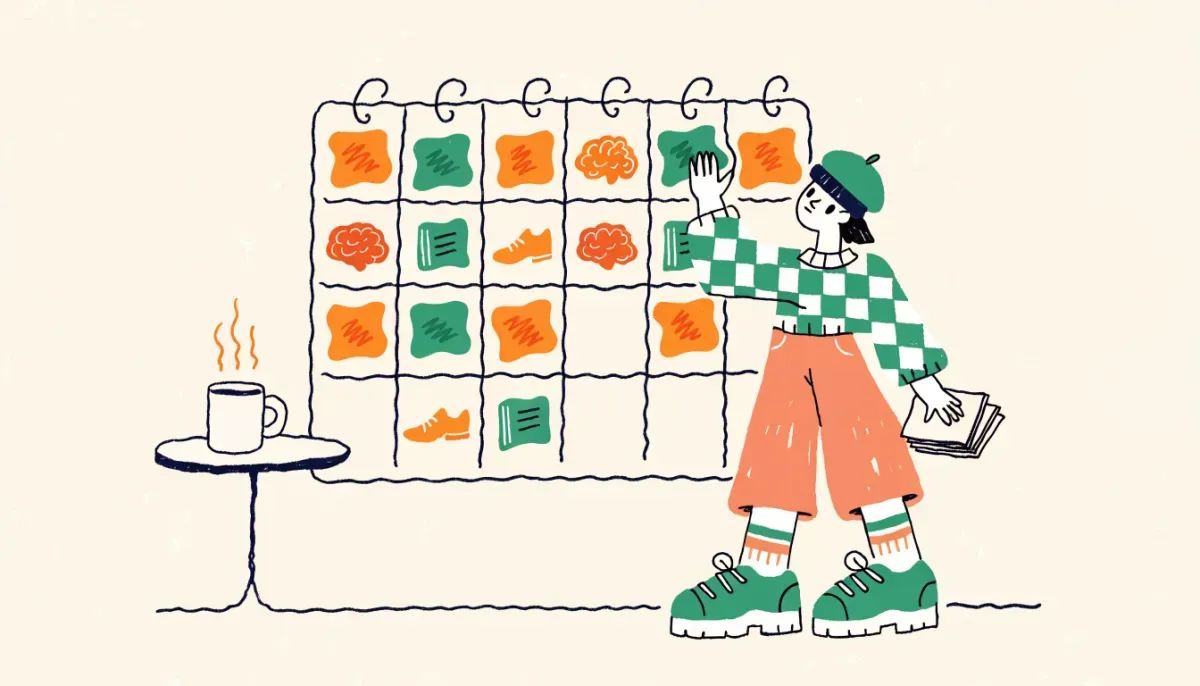 Illustration av student som planerar sitt studieschema med klisterlapparna på en kalender