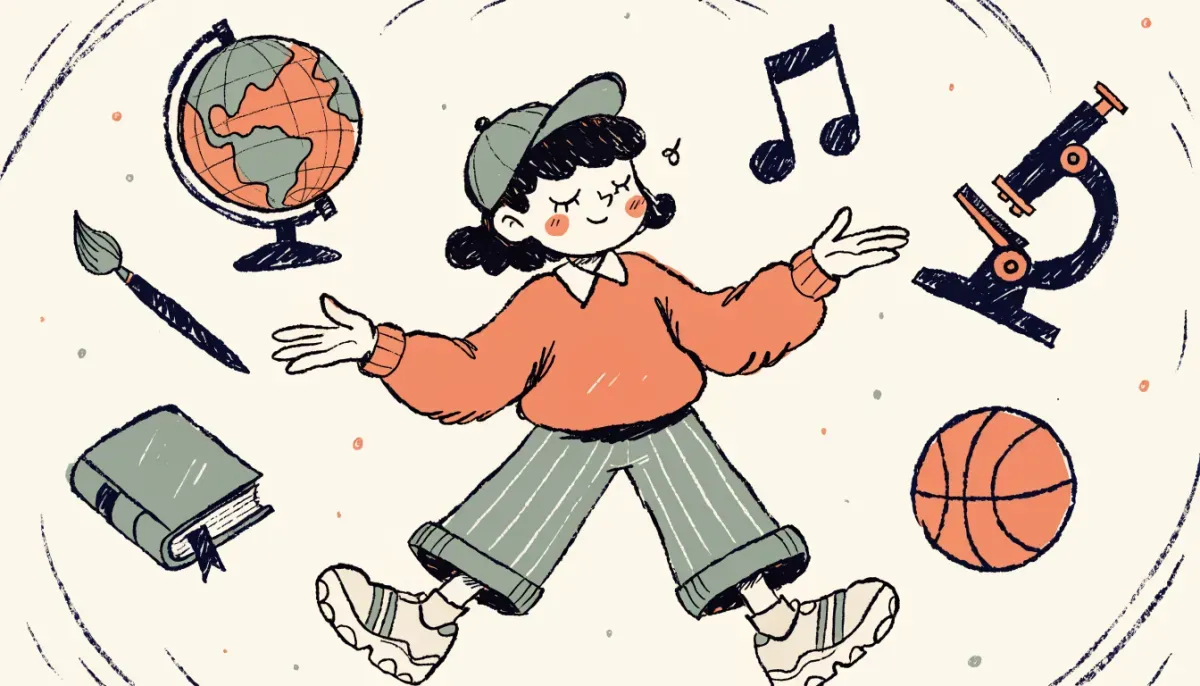 Illustration av student som jonglerar kunskapsikoner: jordglob, mikroskop, pensel, bok