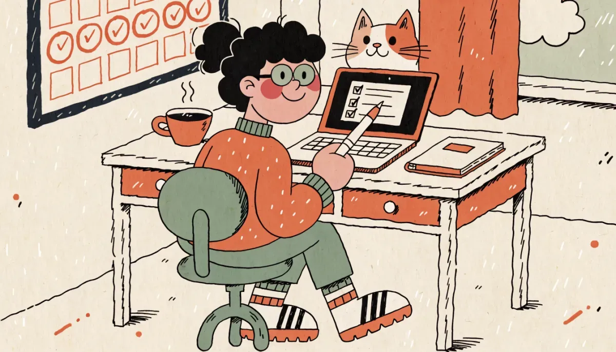 Retro illustration av en student vid en dator som fyller i anmälan till högskoleprovet med en checklista och kalender i bakgrunden