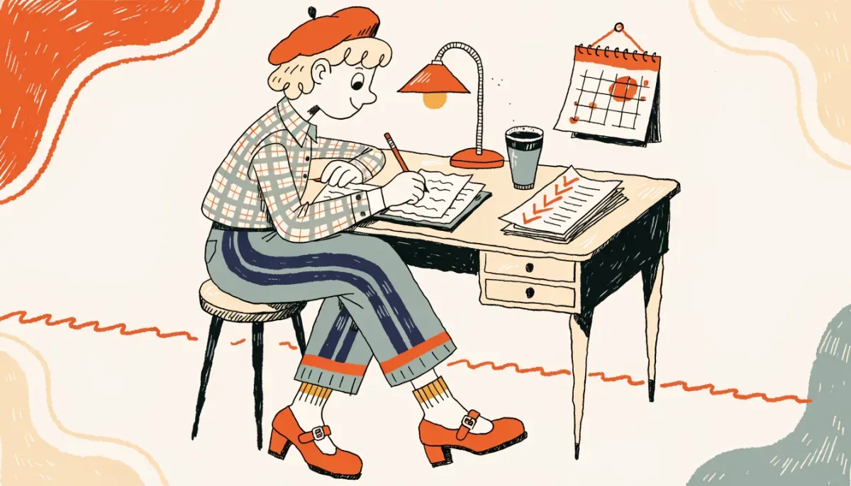Retro illustration av en student som förbereder sig inför anmälan till högskoleprovet