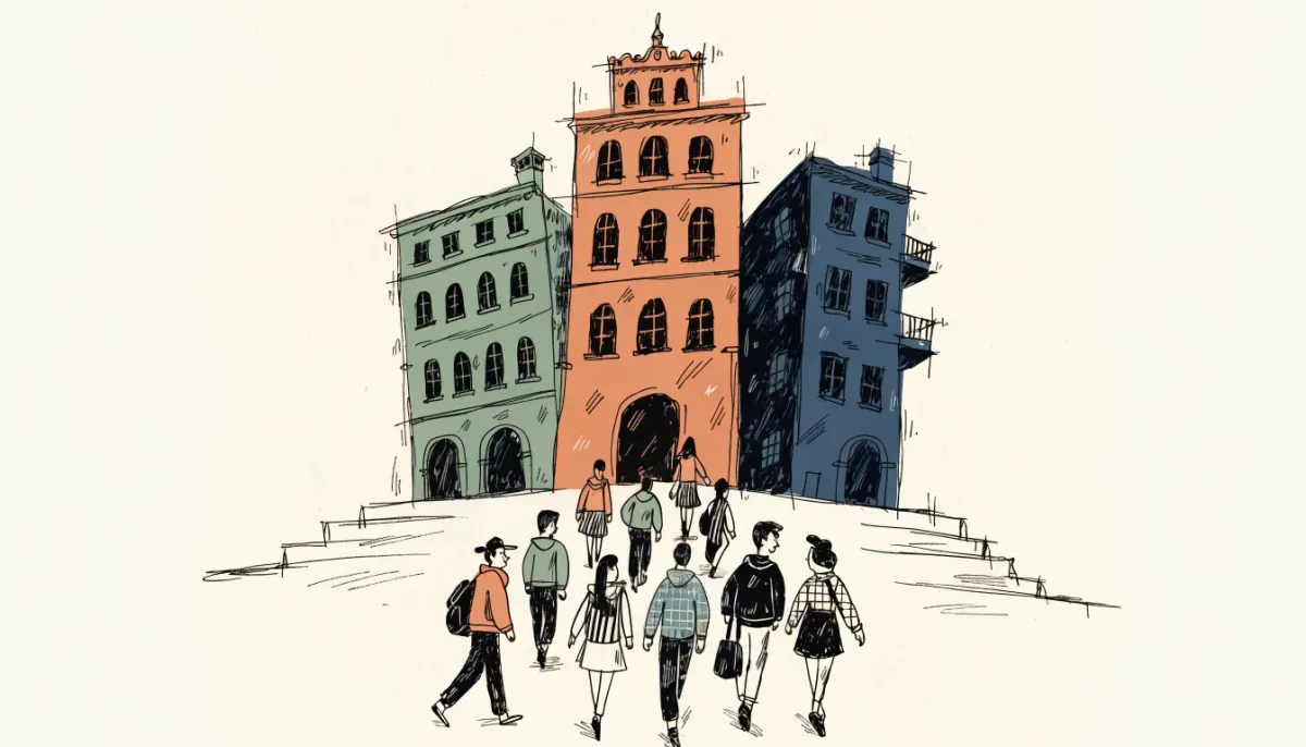 Retro illustration av tre universitetbyggnader arrangerade som en prispall med studenter som promenerar mot dem