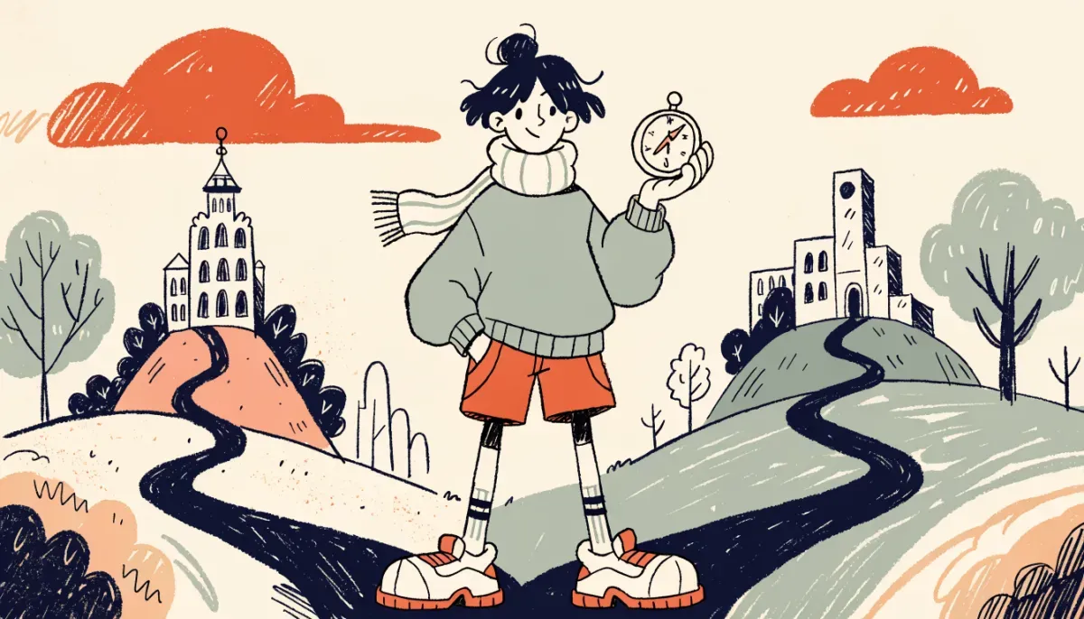 Retro illustration av en student vid en vägkorsning som väljer sin väg mot olika universitetbyggnader på kullar
