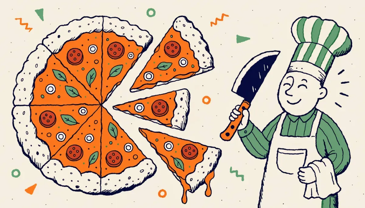 Pizza som delas i sektorer för att illustrera cirkelns area