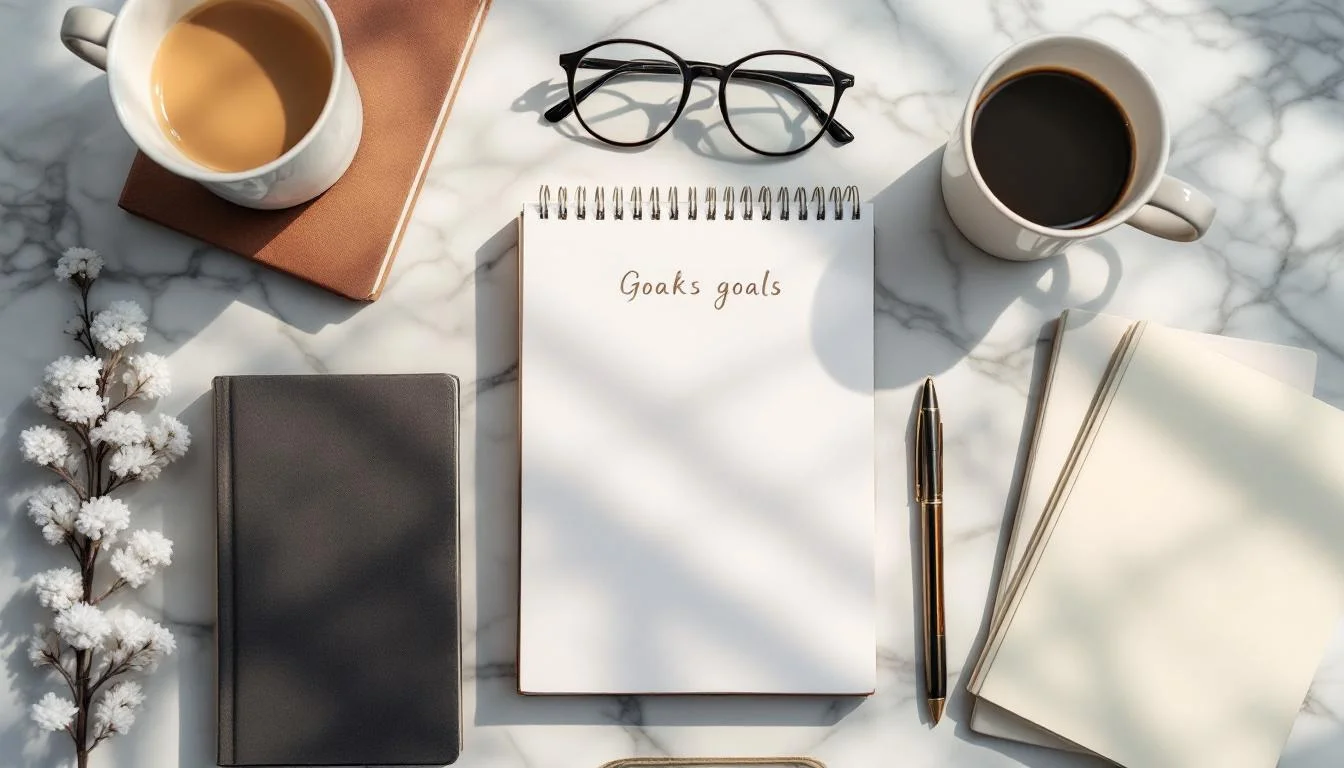 Snyggt arrangerade böcker på marmoryta med läsglasögon, anteckningsbok och kaffe