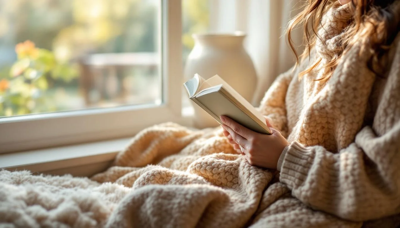 Person som läser en bok i mysig fönsterplats med mjukt dagsljus