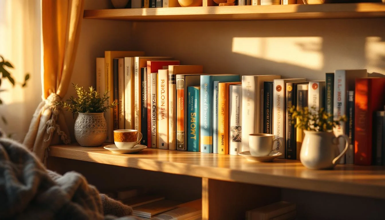 Bokhylla med böcker om personlig utveckling i varmt gyllene ljus med läshörna