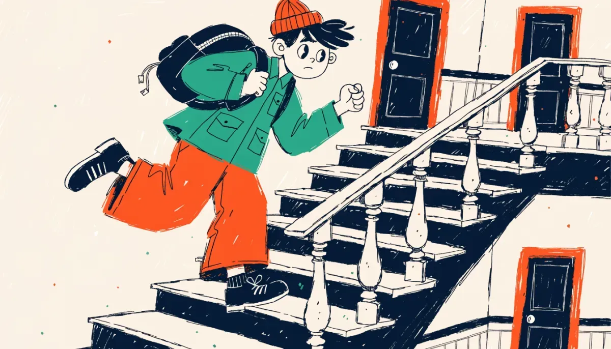 Retro illustration av en trappa som leder uppåt med olika HP-poängnivåer markerade som steg