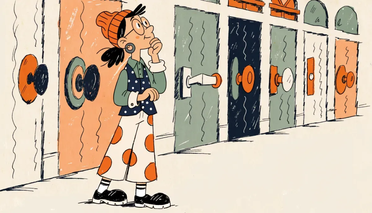Illustration av student som väljer mellan olika dörrar som representerar ingenjörsinriktningar