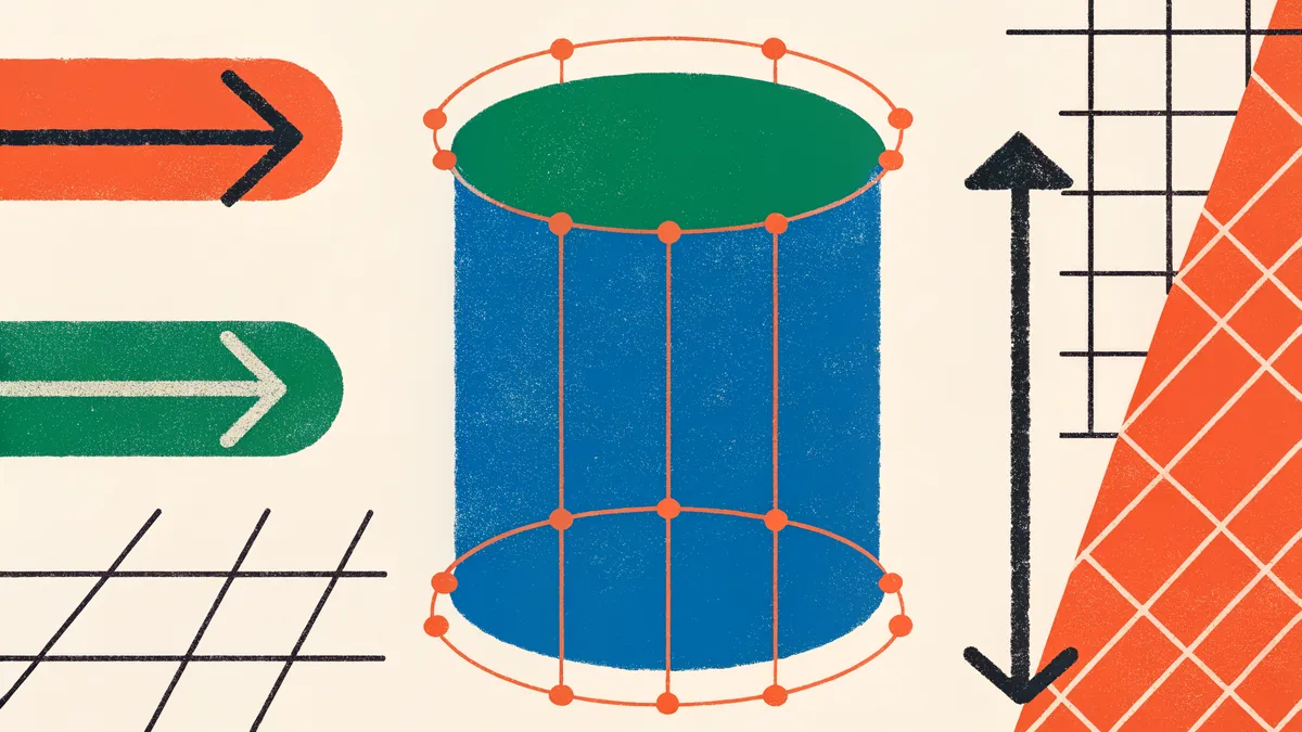 Blågrön cylinder med mätpunkter och rutnät för volymberäkning