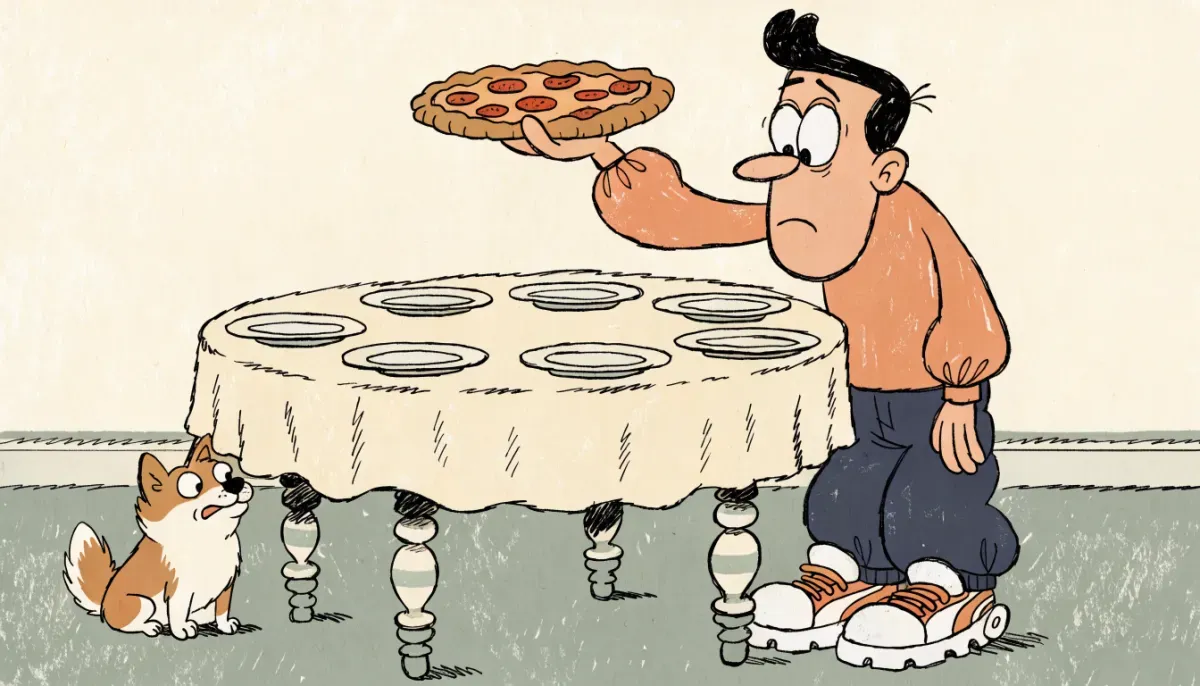 Illustration av förvirrad person som försöker dela en pizza mellan noll gäster