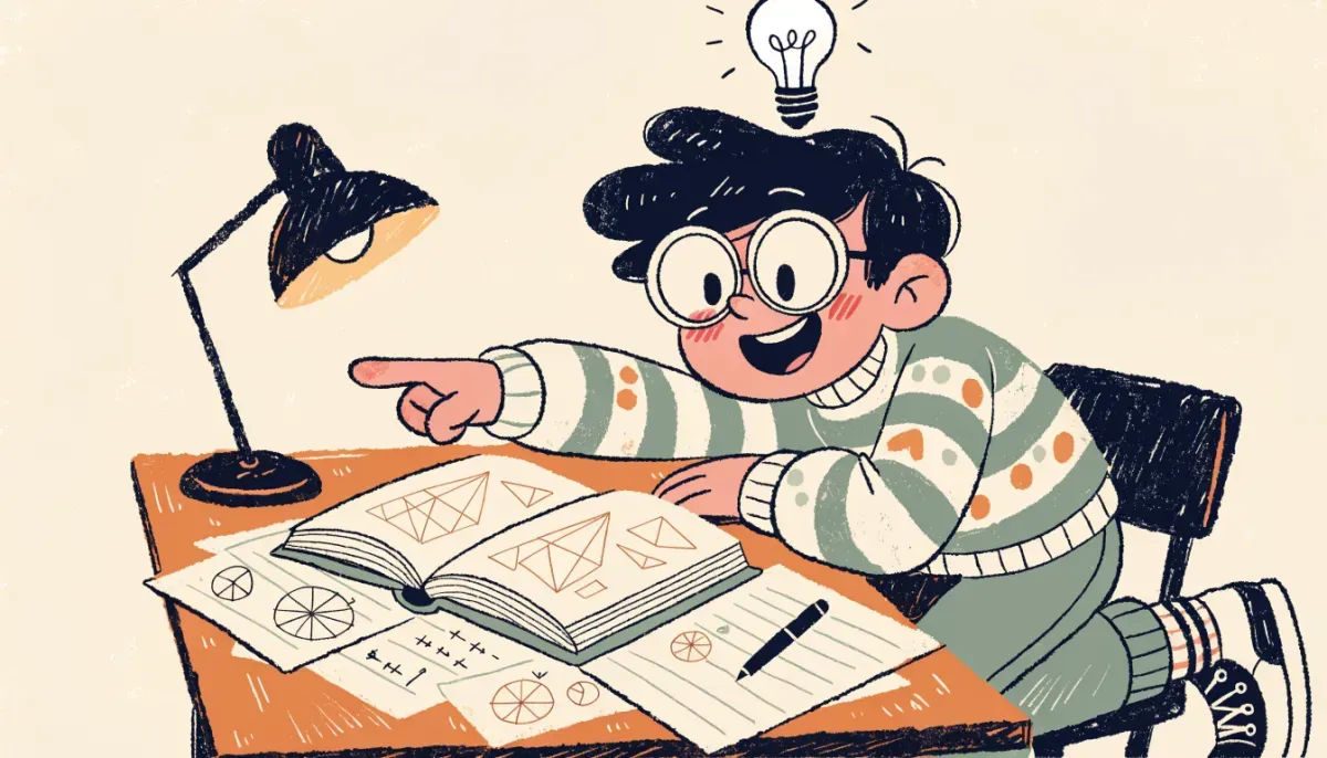 Illustration av glad student som har en eureka-stund vid skrivbordet med mattebok