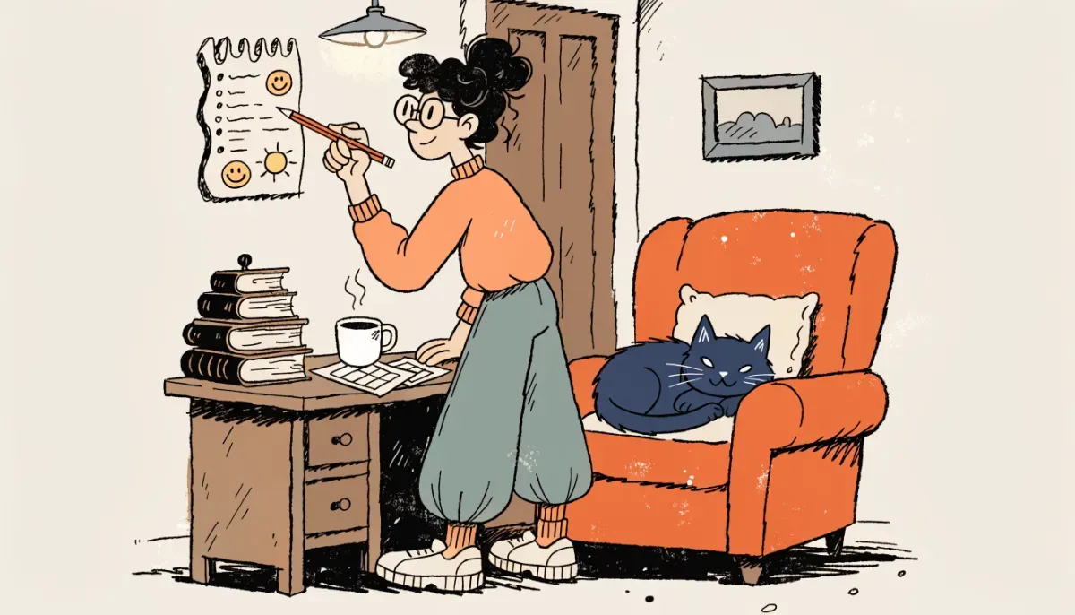 Retro illustration av en student vid ett skrivbord med en veckoplanering på väggen och böcker staplade efter svårighetsgrad