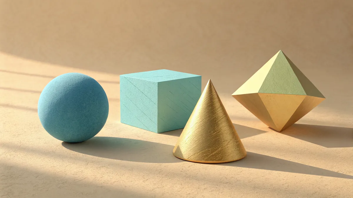 Geometriska former: sfär, kub, kon och diamant i 3D