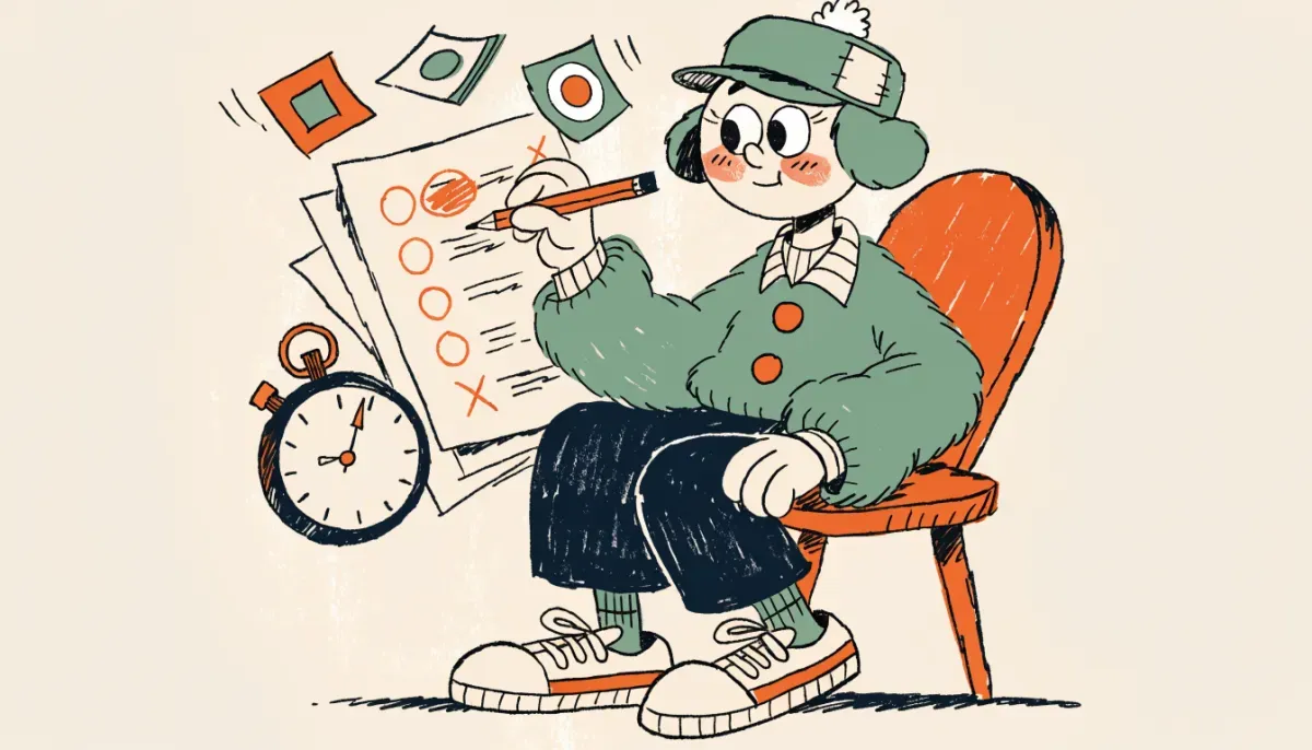 Illustration av student som löser ordförståelseuppgifter på provet