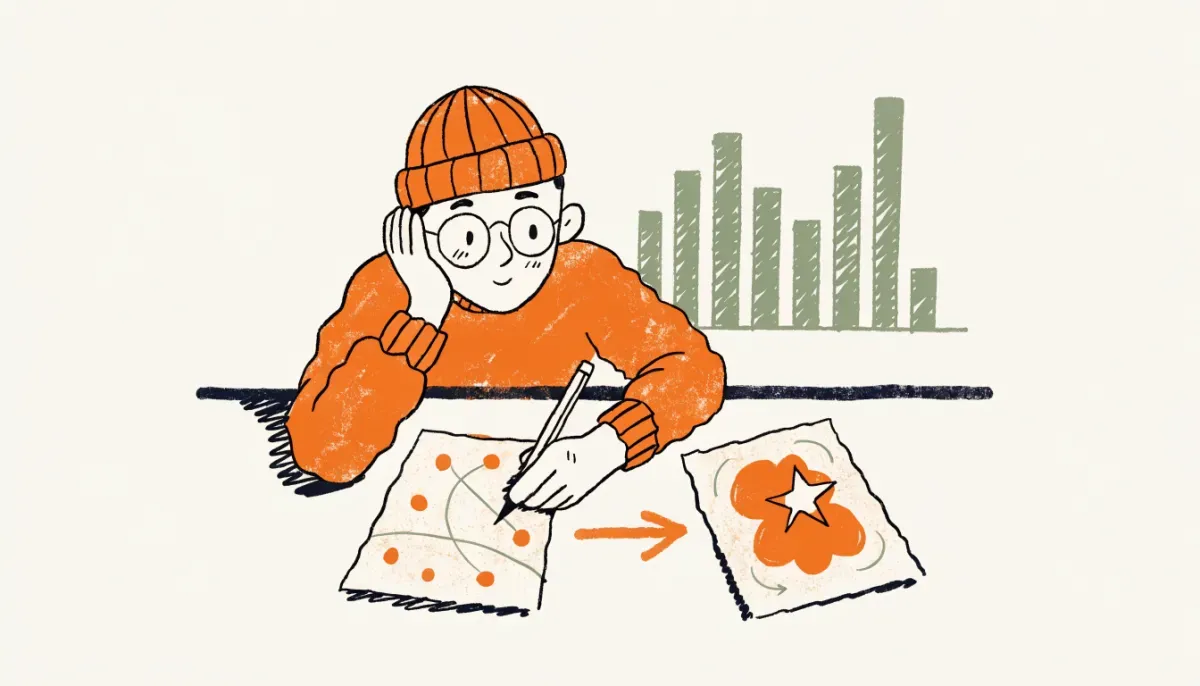 Retro illustration som visar hur råpoäng räknas om till normerad HP-poäng via en böjd tabell