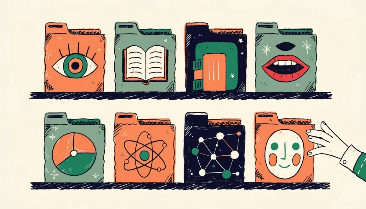 Retro illustration av åtta färgglada mappar arrangerade i två rader som representerar högskoleprovets åtta delprov