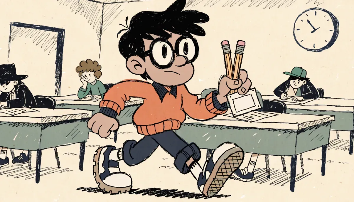 Retro illustration av en student som anländer till provlokalen på provdagen med pennor och legitimation redo