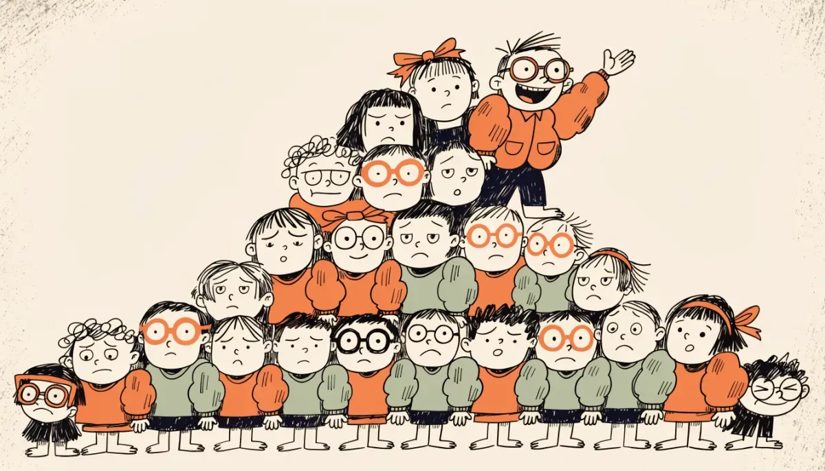 Retro illustration av en klockkurva med studenter fördelade efter poäng, med de bästa högst upp