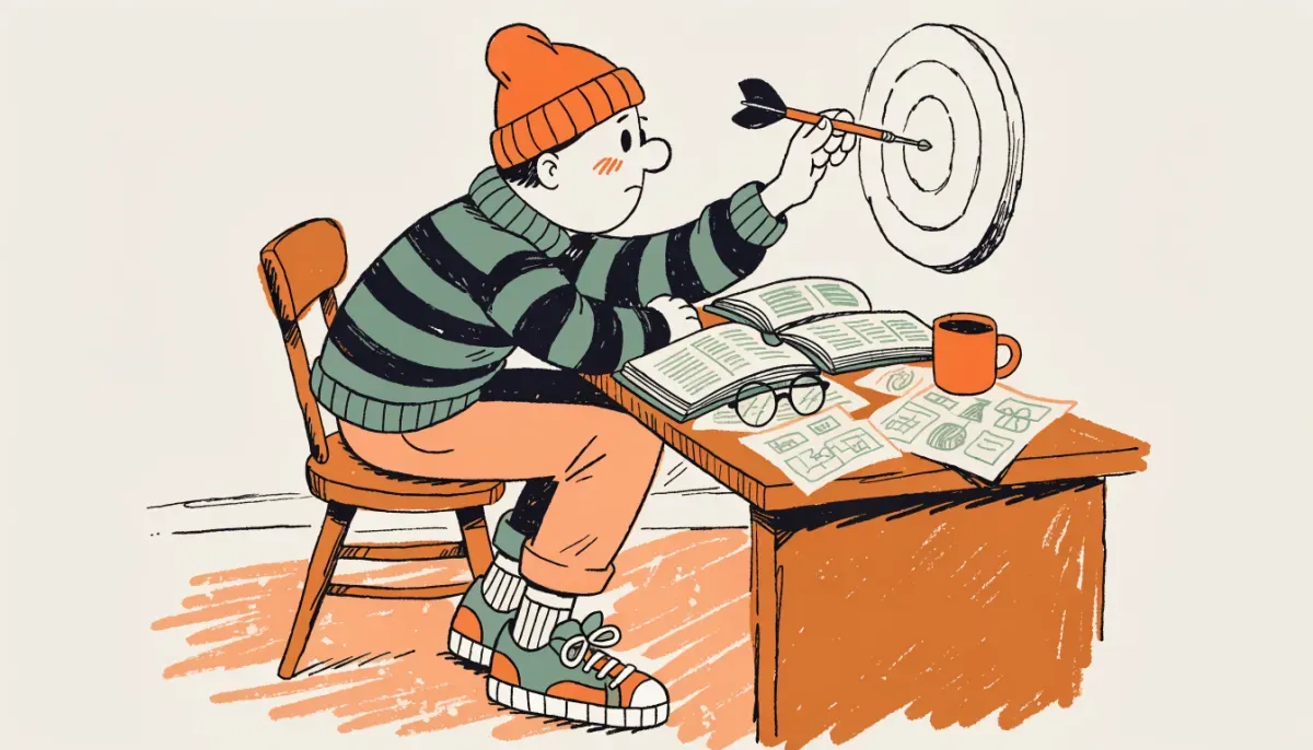Retro illustration av en student som planerar strategi vid ett skrivbord med en måltavla på väggen