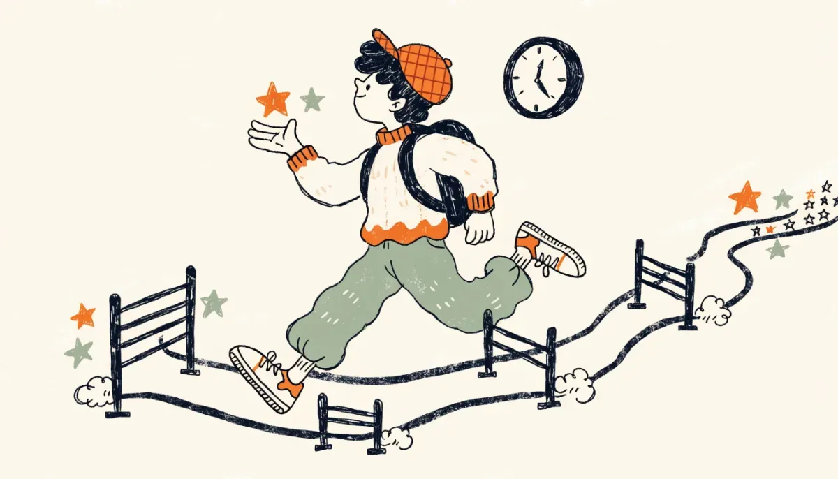 Illustration av student som hoppar över hinder och samlar stjärnor på en bana