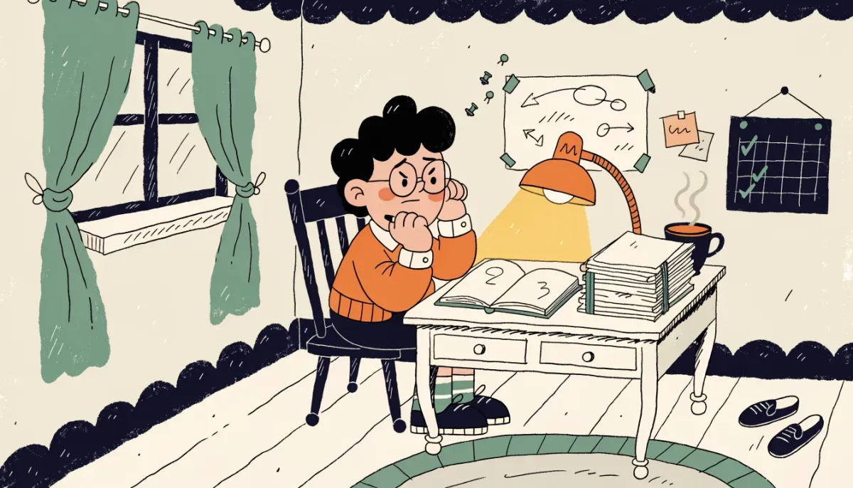 Illustration av student som pluggar vid skrivbord med böcker och studieplan