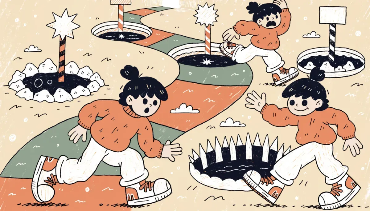Illustration av student som undviker fallgropar på en väg mot målet