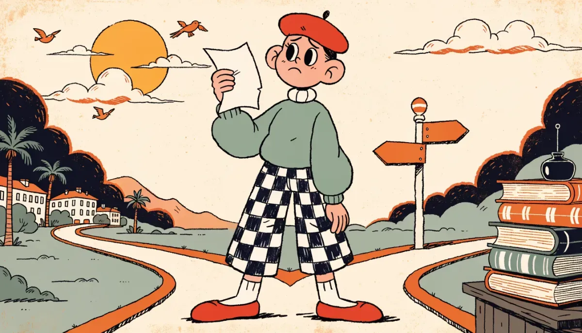 Retro illustration av en student som tittar på en karta med pilar som pekar mot olika nästa steg som universitet och vidare träning