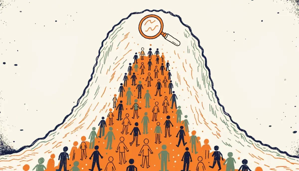 Illustration av studenter som klättrar uppför en klockformad kurva mot toppen