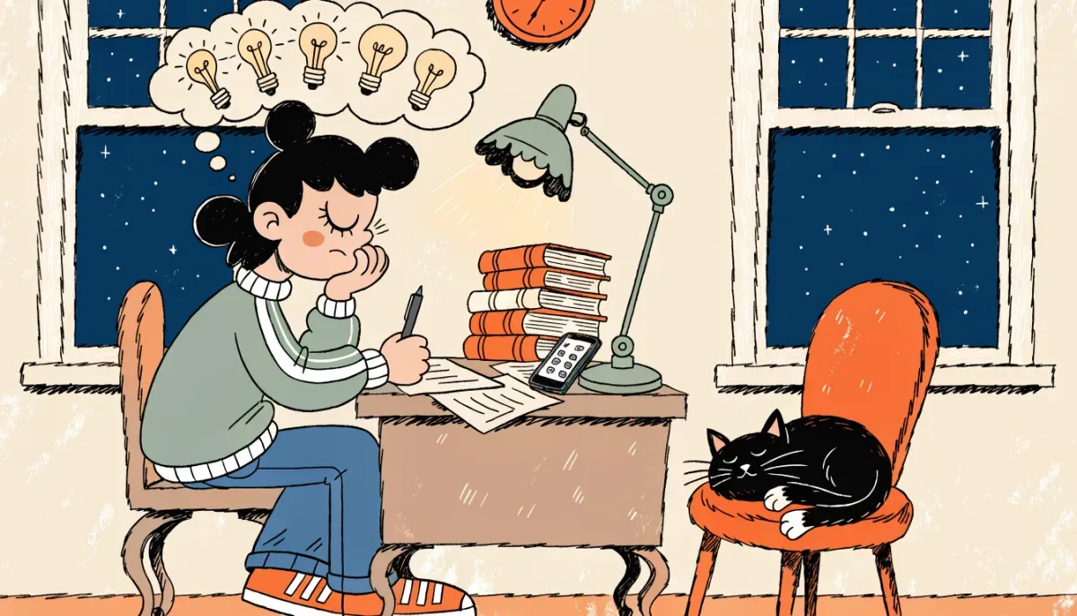 Illustration av student som tränar med quiz-app på mobilen omgiven av hjärnor och glödlampor