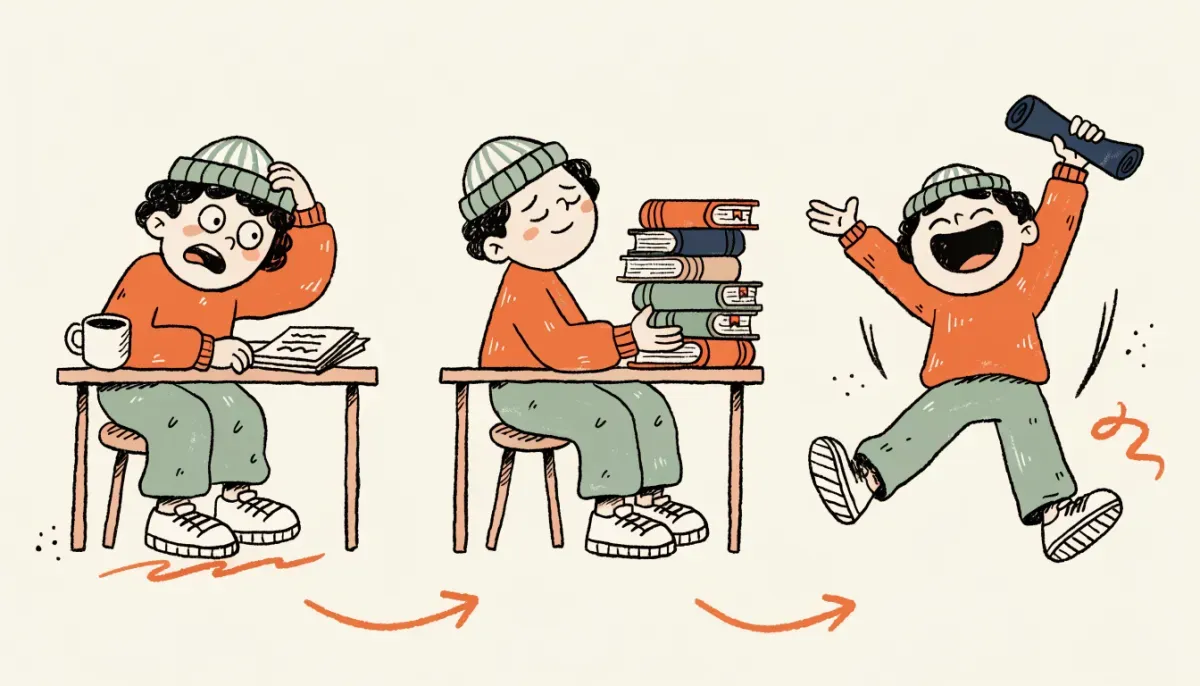 Illustration av tre versioner av samma student som förbättras steg för steg