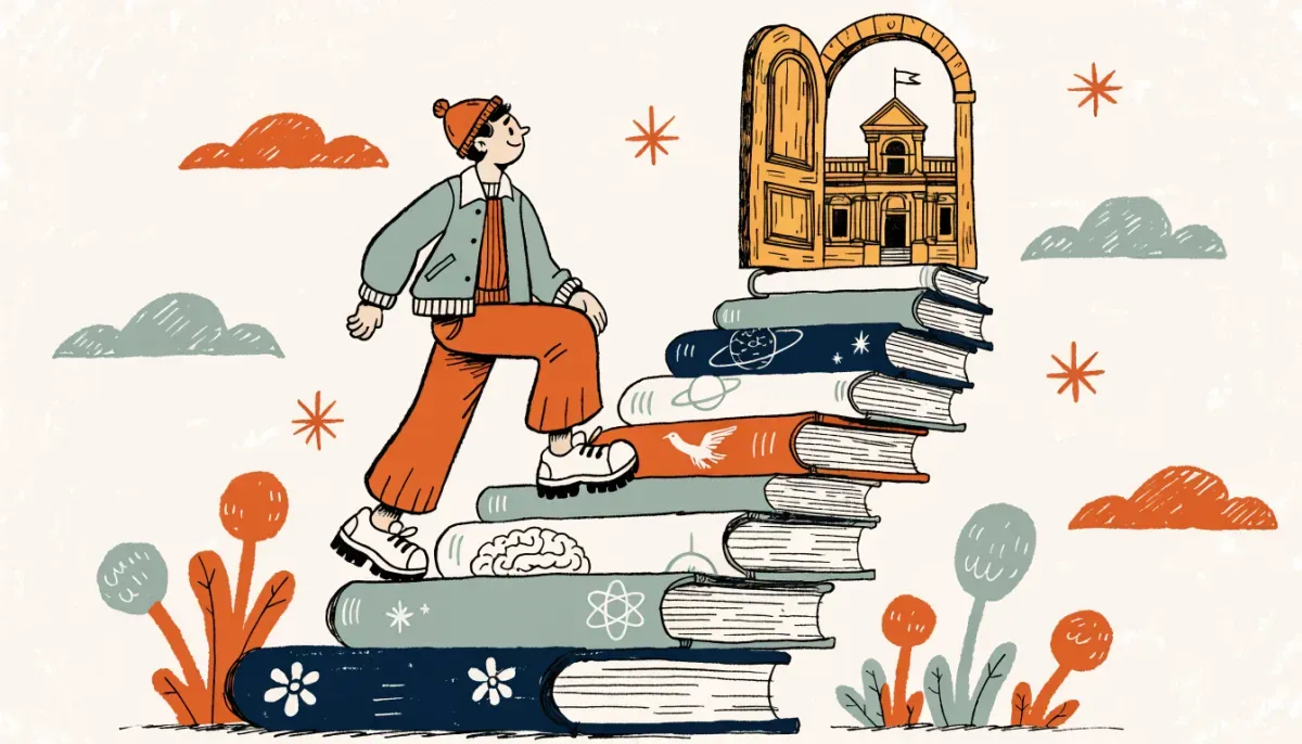 De åtta delproven på högskoleprovet visualiserade som steg mot målet