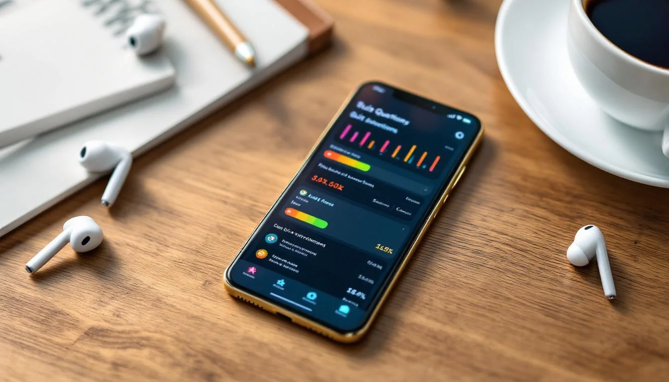 Smartphone med studieapp för högskoleprovet på ett skrivbord med kaffe och hörlurar