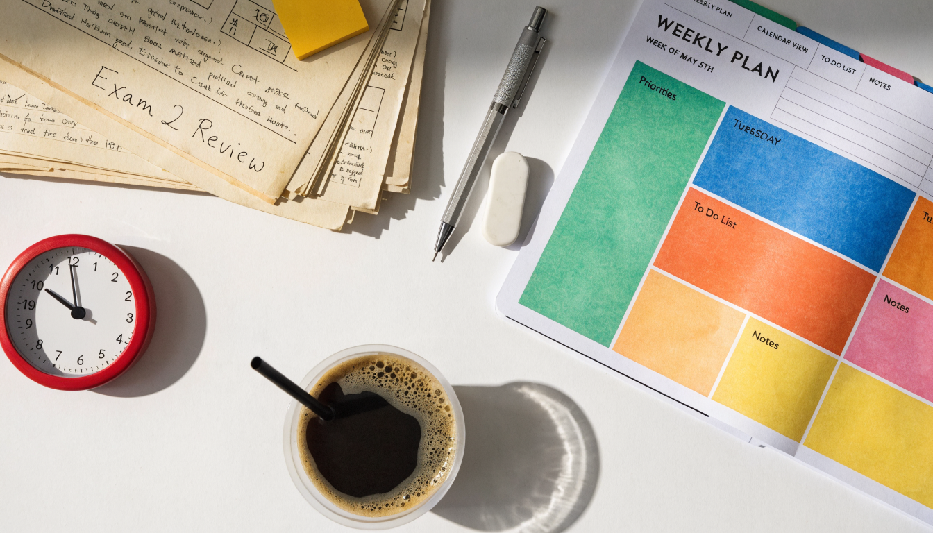 Organiserat studiebord med studieplan, gamla prov och tidtagare