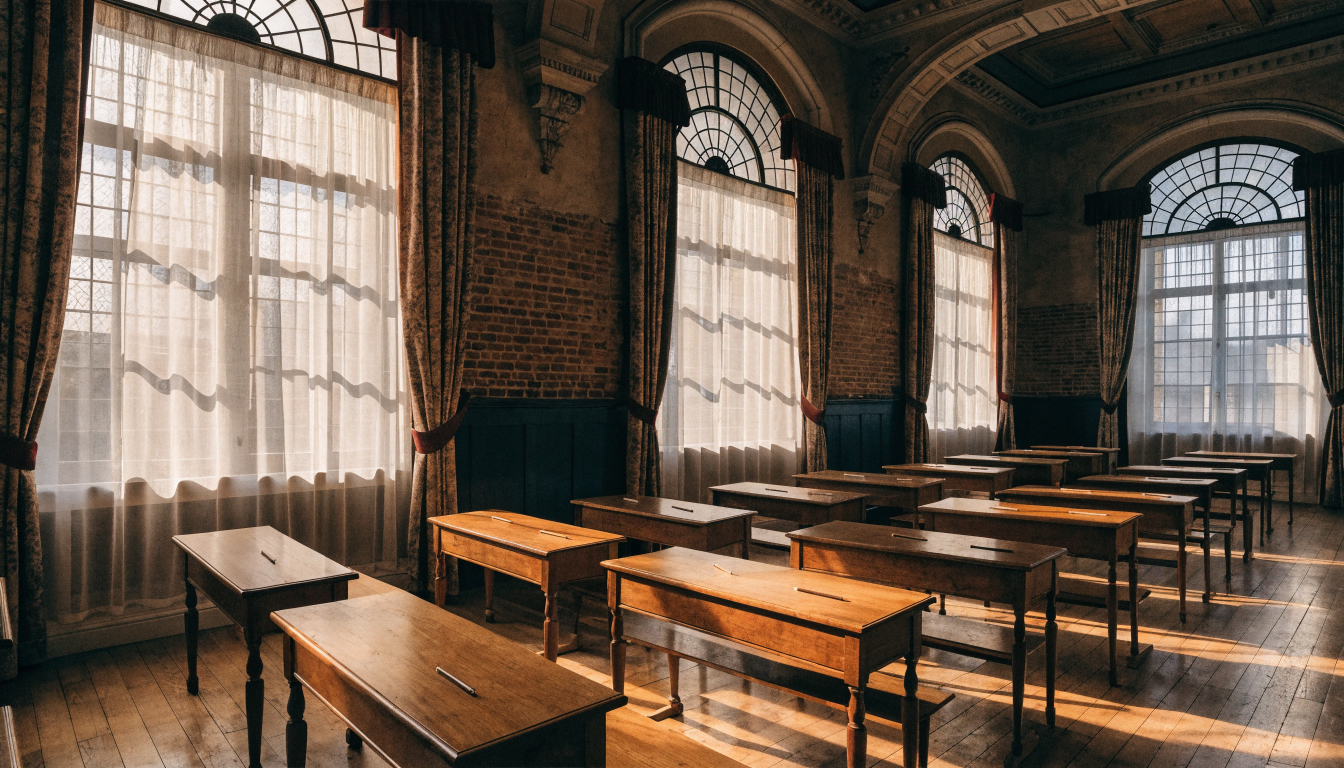 Ljus universitetsprovsal med rader av skrivbord i morgonljus