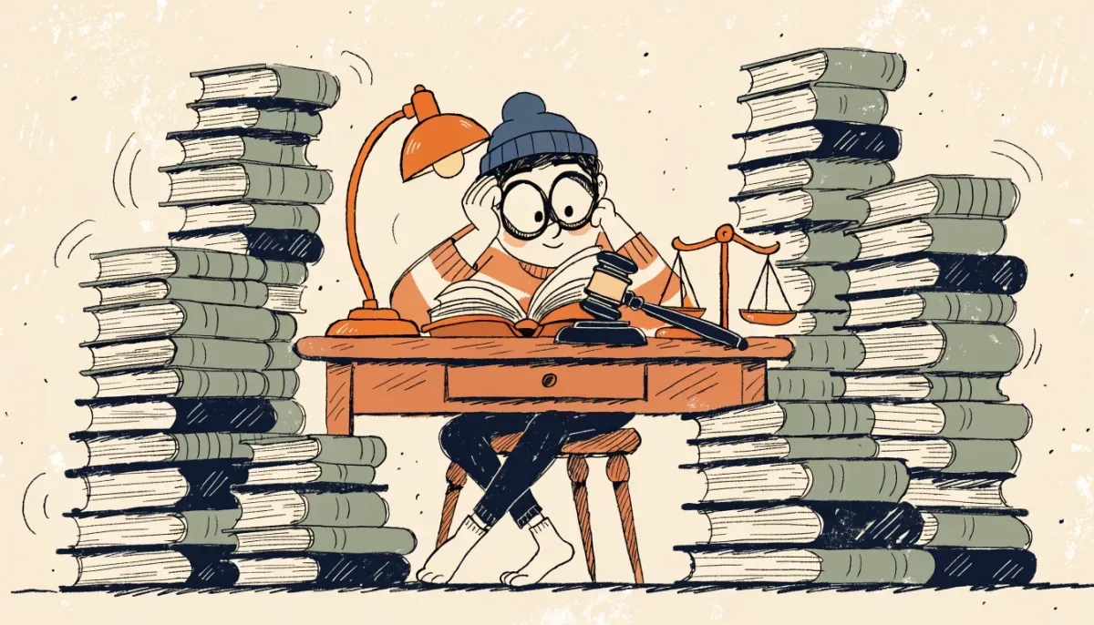 Student som pluggar juridik med lagbok och anteckningar