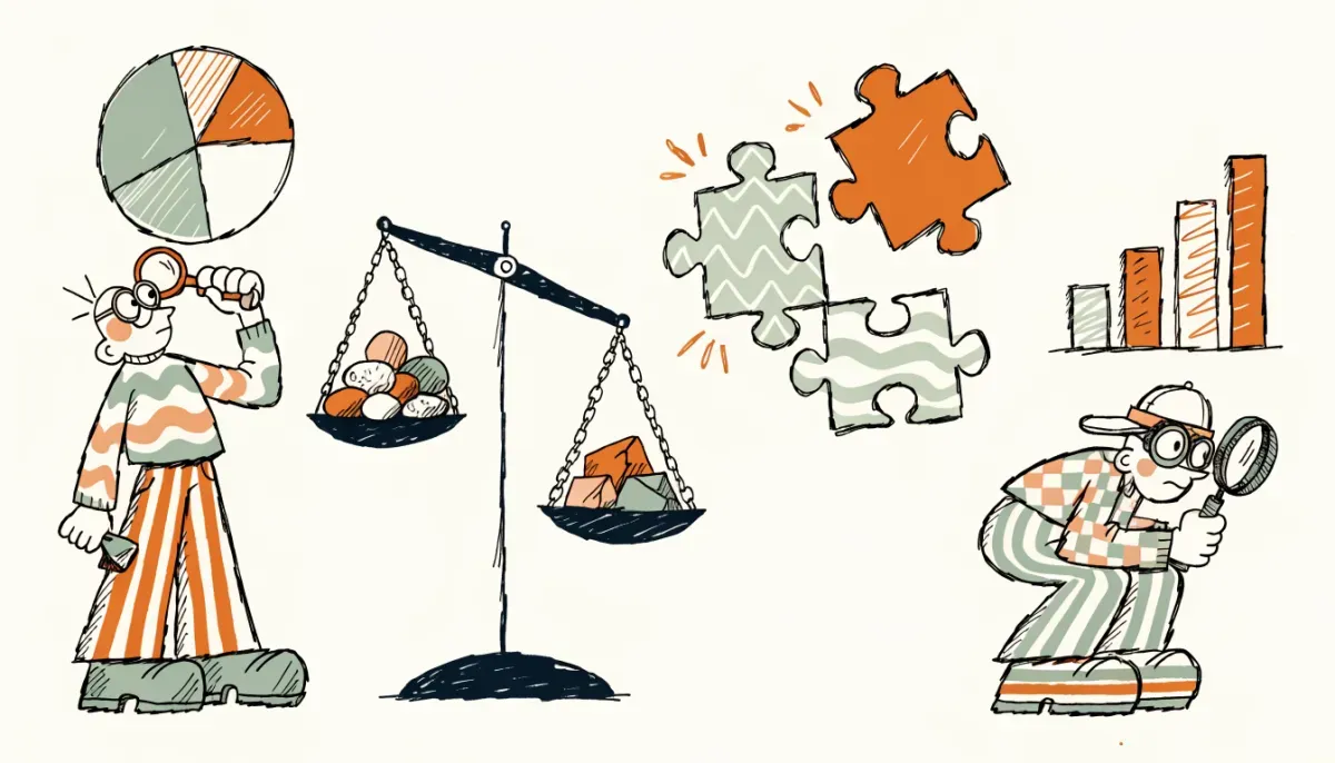 Four cartoon panels each showing a student working with different types of problems: geometry, scales, logic puzzles and charts