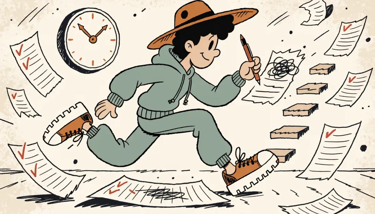 Cartoon student holding a large stopwatch with math symbols and lightbulbs floating around them, a study calendar on the wall
