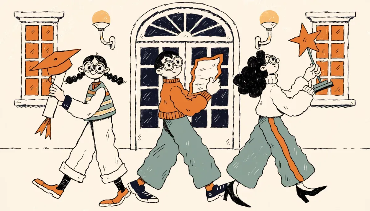 Tecknad student som jämför olika universitet på en karta