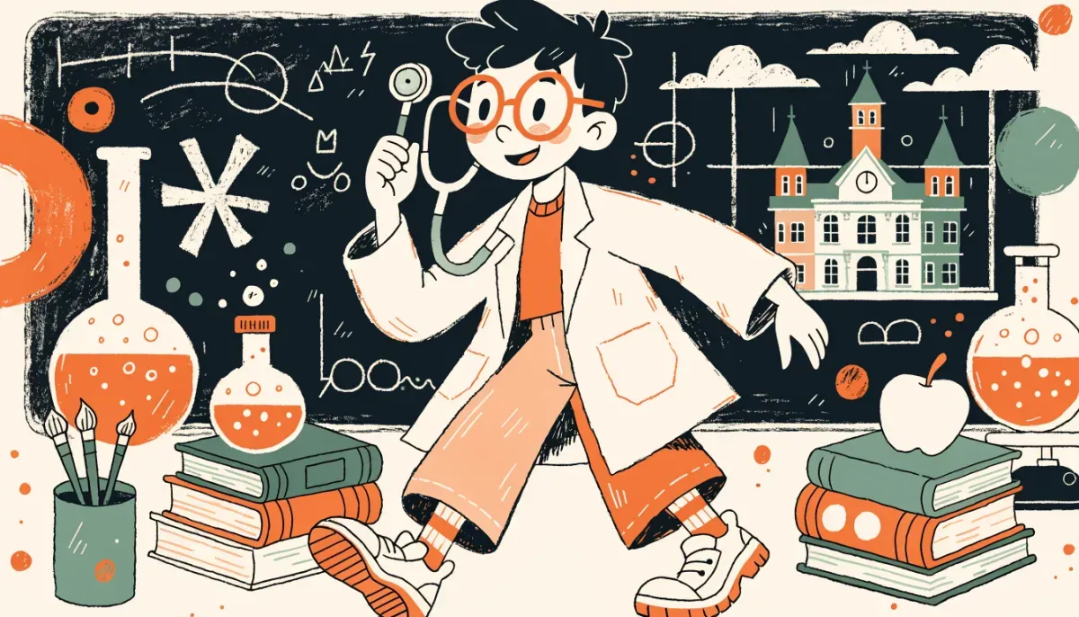 Tecknad medicinsk student i vit rock med stetoskop omgiven av kemi- och biologiböcker