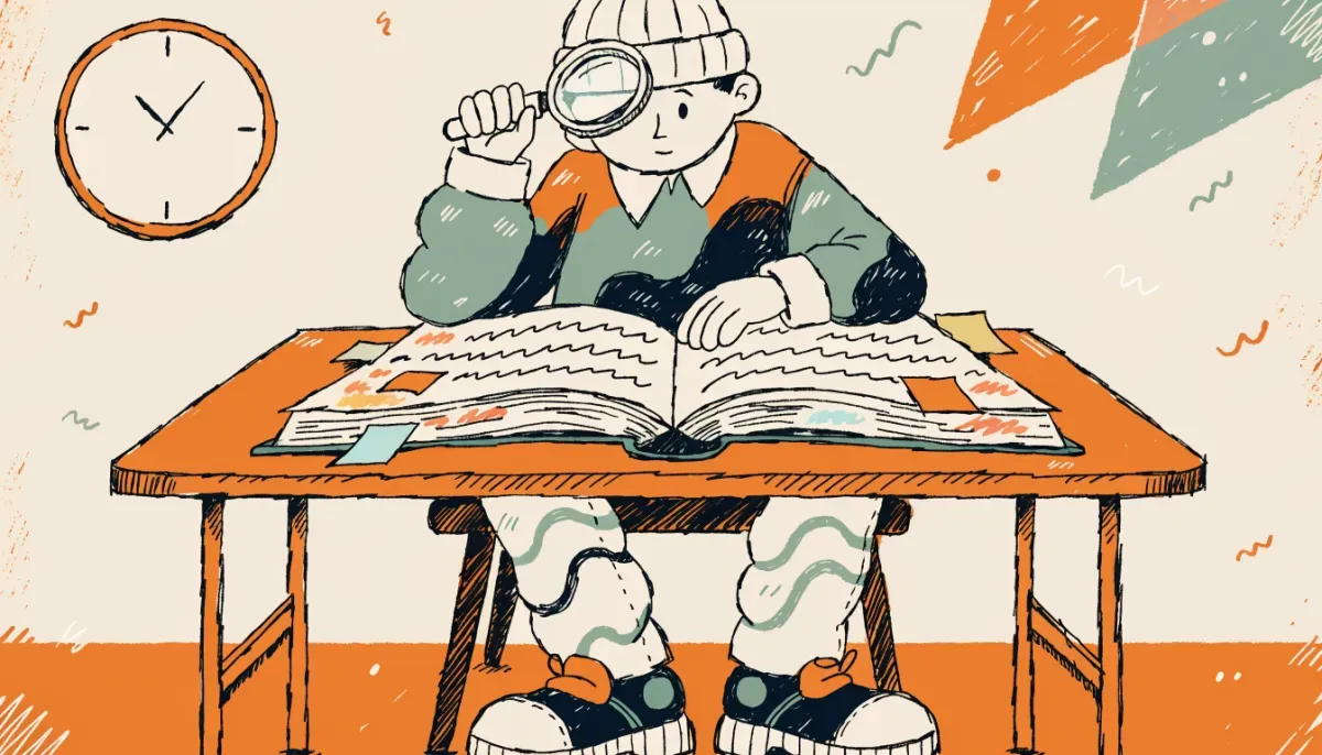 Retro illustration av en student vid ett skrivbord som undersöker en text med förstoringsglas och färgade anteckningar