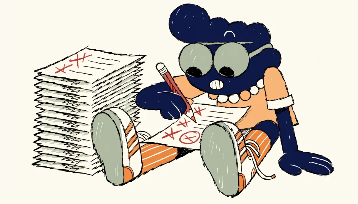 Retro illustration av en student som stryker över felaktiga svarsalternativ med röd penna och ringar in rätt svar