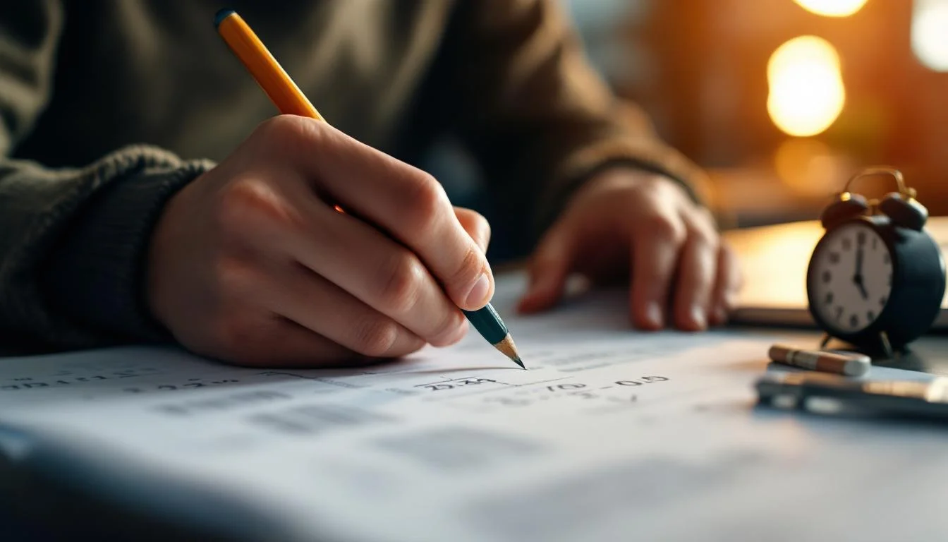 Närbild på studenthänder som löser matematikuppgifter med penna på papper