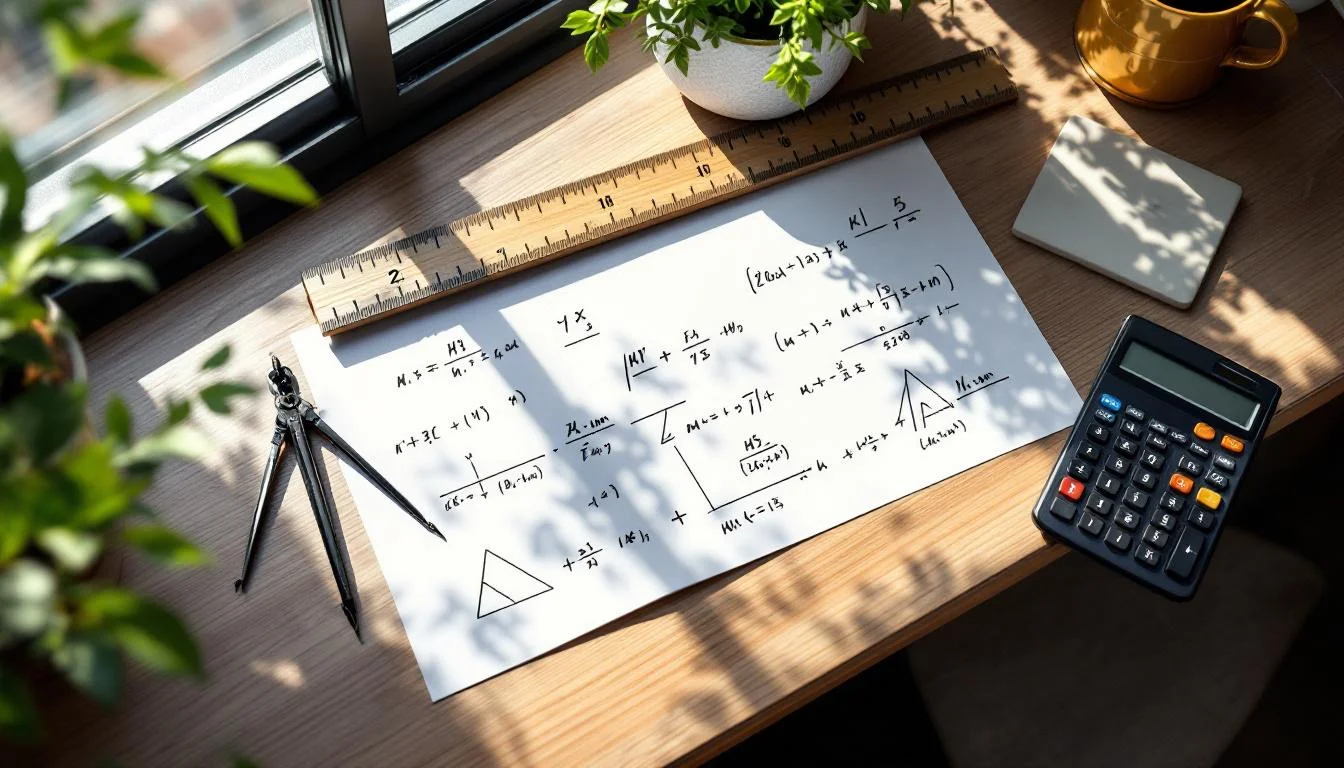 Studiebord med matematiska formler, linjal och miniräknare i varmt ljus