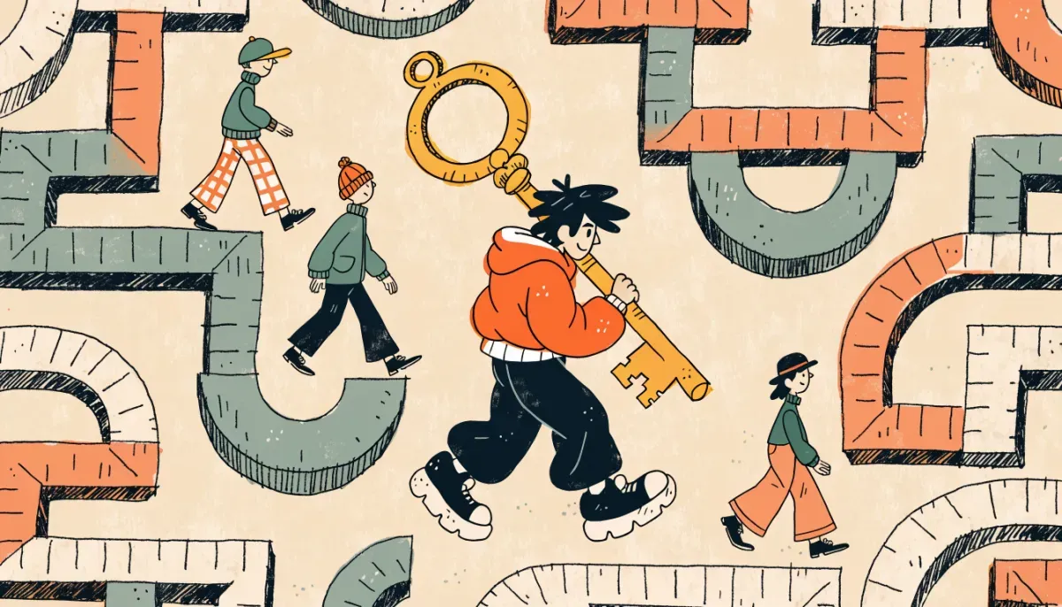 Illustration av student som tar en genväg genom en labyrint med en stor nyckel