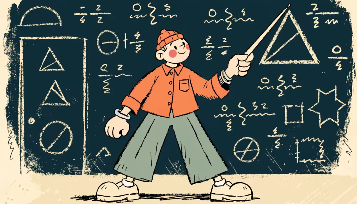 Tecknad student vid tavlan med geometriska former och algebraiska uttryck