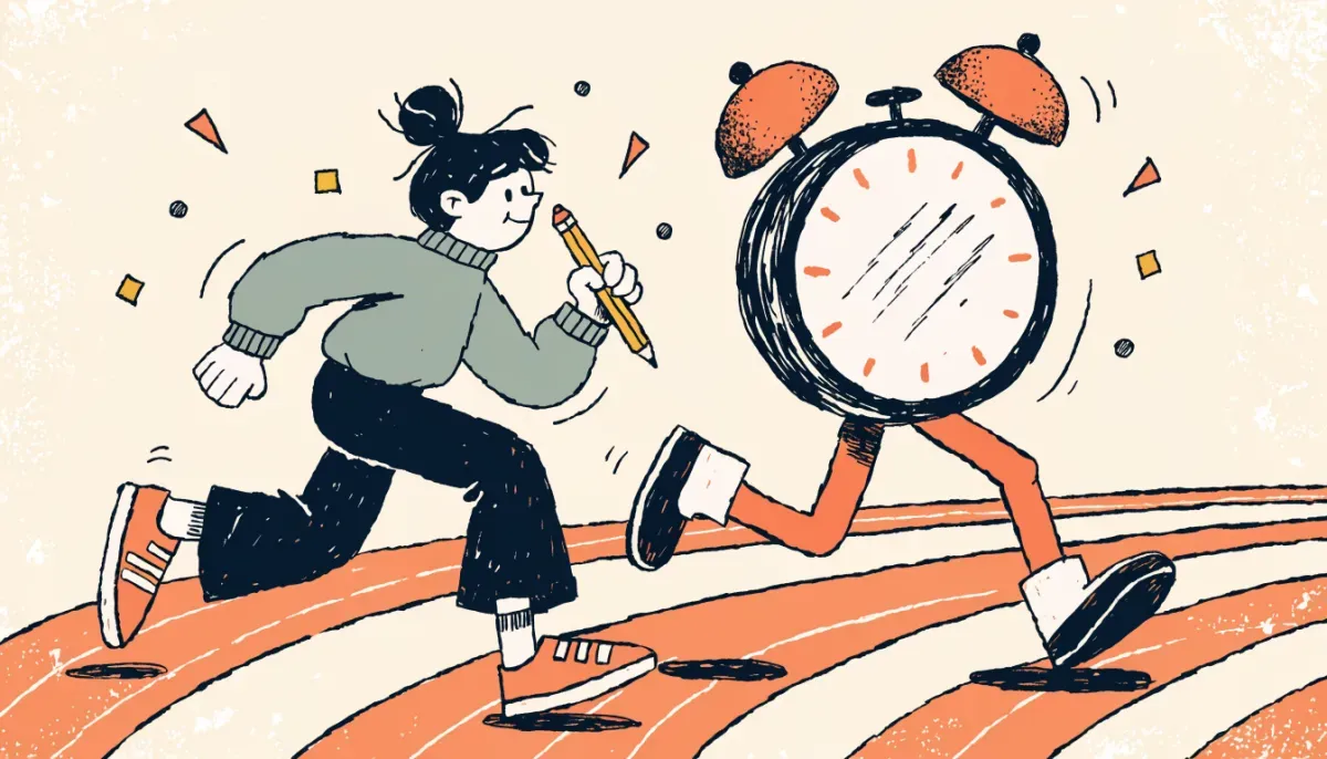 Illustration av student som springer i kapp med en klocka på en löparbana