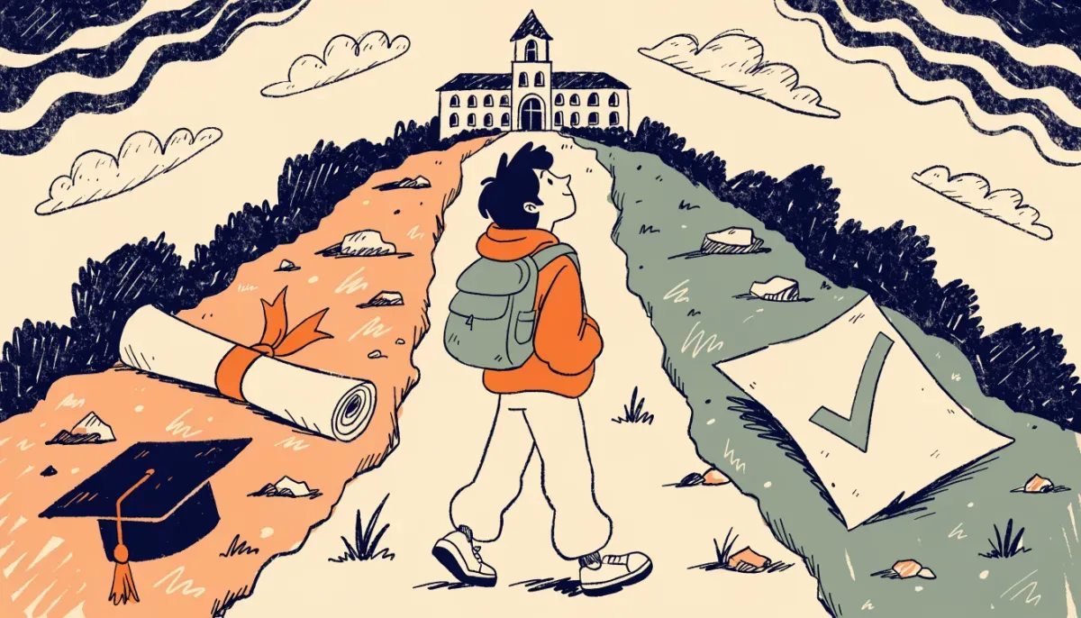 Illustration av student vid vägskäl mellan betygsvägen och högskoleprovsvägen, båda leder till universitetet